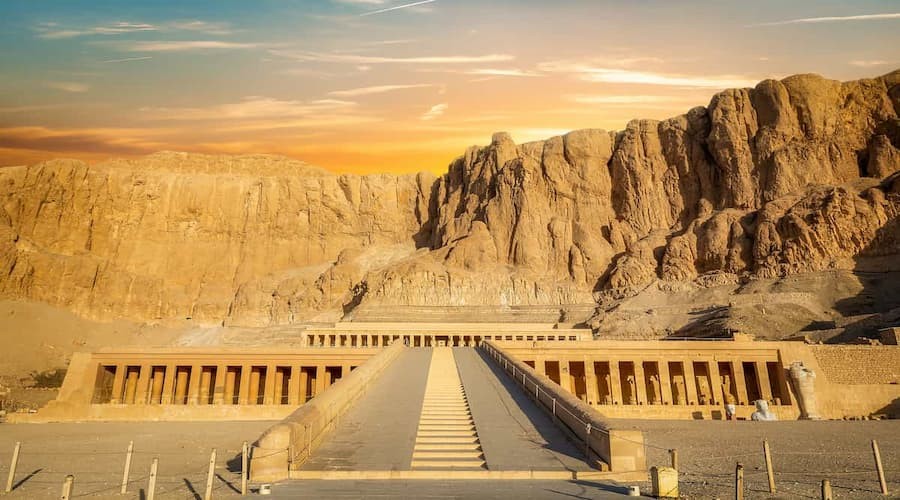 Desert landscape of the Valley of the Kings in Luxor with entrances to ancient royal tombs